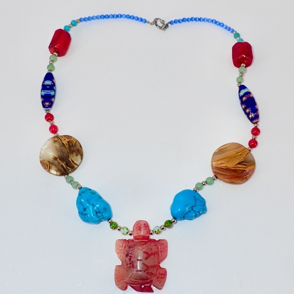 handmade Jewelry - Stone Turtle "Honu" Pendant Necklace Murano Beads Turquoise Coral Jade Marble